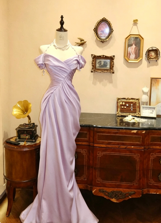 Elegant Mermaid Off the Shoulder Pearl Pleated Satin Prom Dress 21th Birthday Dress DP3917