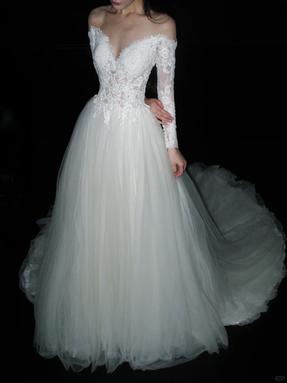 White Ball Gown Long Sleeve Exquisite Lace Tulle Long Wedding Dress DP8106