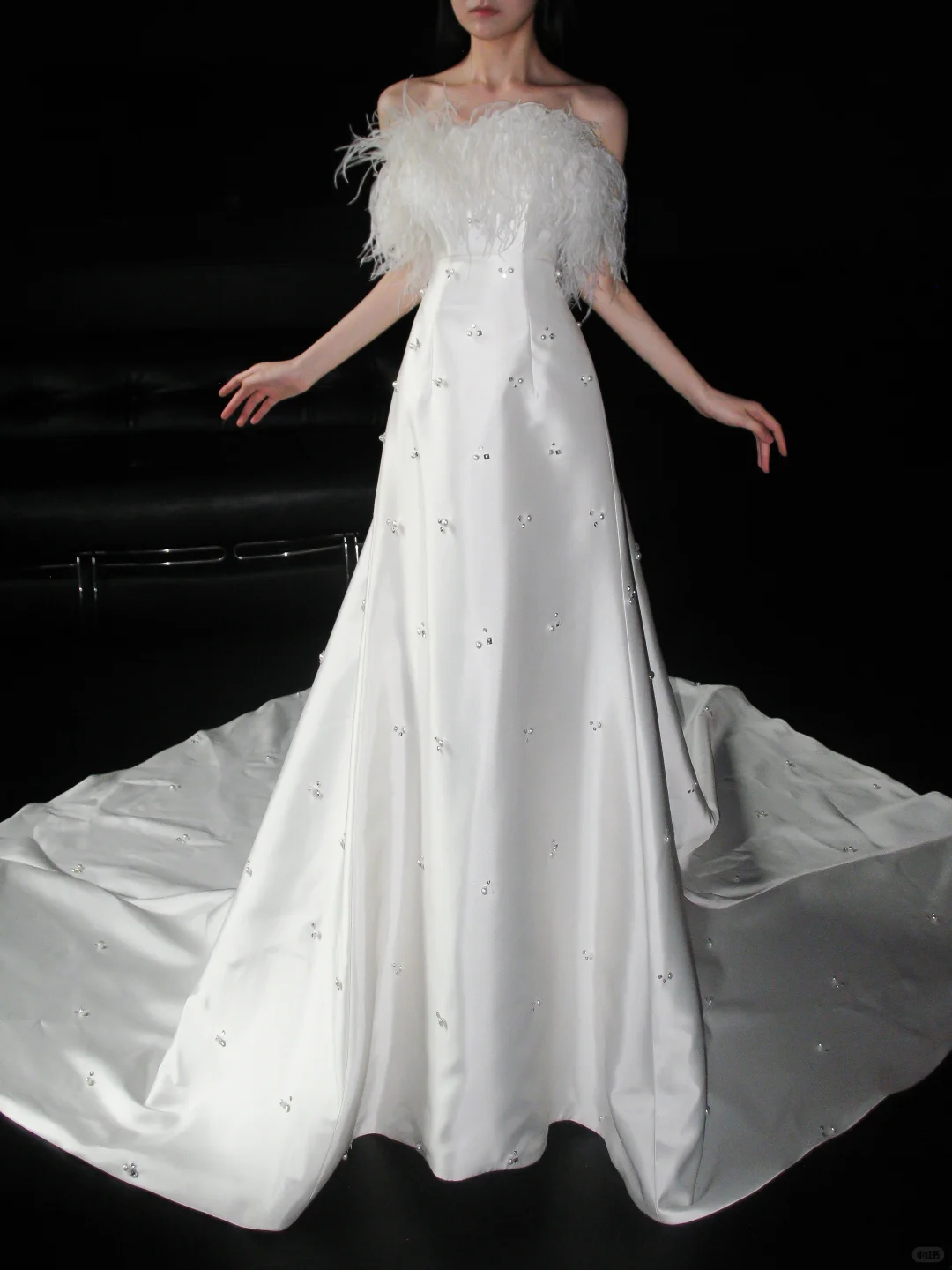 Sweety A Line Strapless White Feather Beaded Satin Long Wedding Dress DP5786
