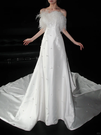 Sweety A Line Strapless White Feather Beaded Satin Long Wedding Dress DP5786