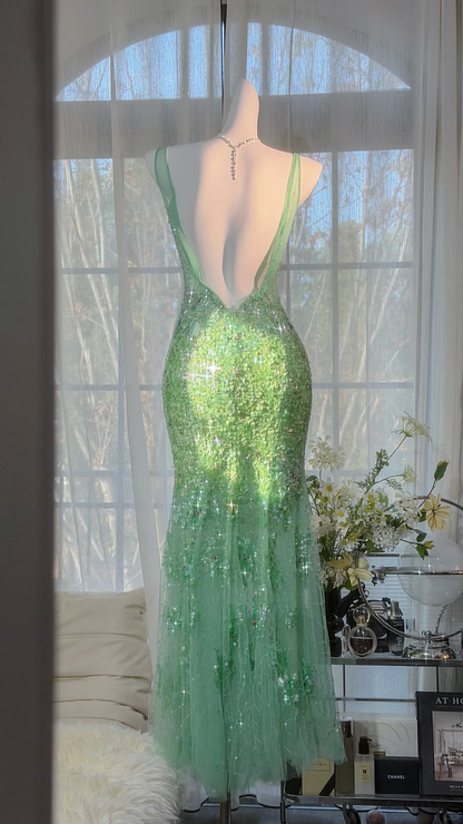 Green Fairy Mermaid V Neck Shiny Sequin Beaded Tulle Backless Graduation Prom Dress DP4942
