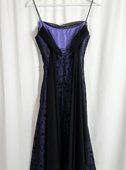 Vintage Exquisite Black Beaded A Line Spaghetti Strap Purple Satin Prom Dress Evening Dress Date Dress DP3037