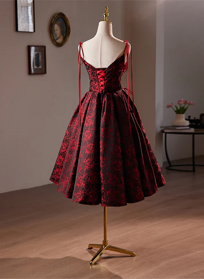 Burgundy Rose Print Satin Straps Knee Length Homecoming Dress Short Party Dress DP605