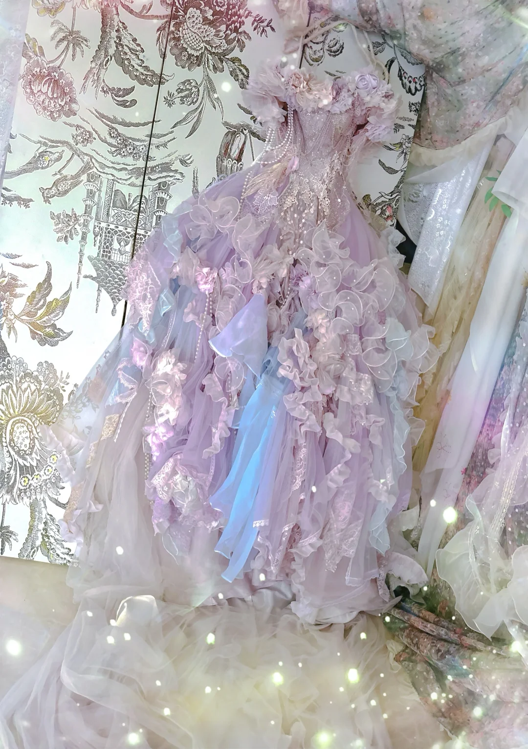 Exquisite Ball Gown Off the Shoulder Purple Floral Ruffle Organza Prom Dress 16th Birthday Dress DP3839