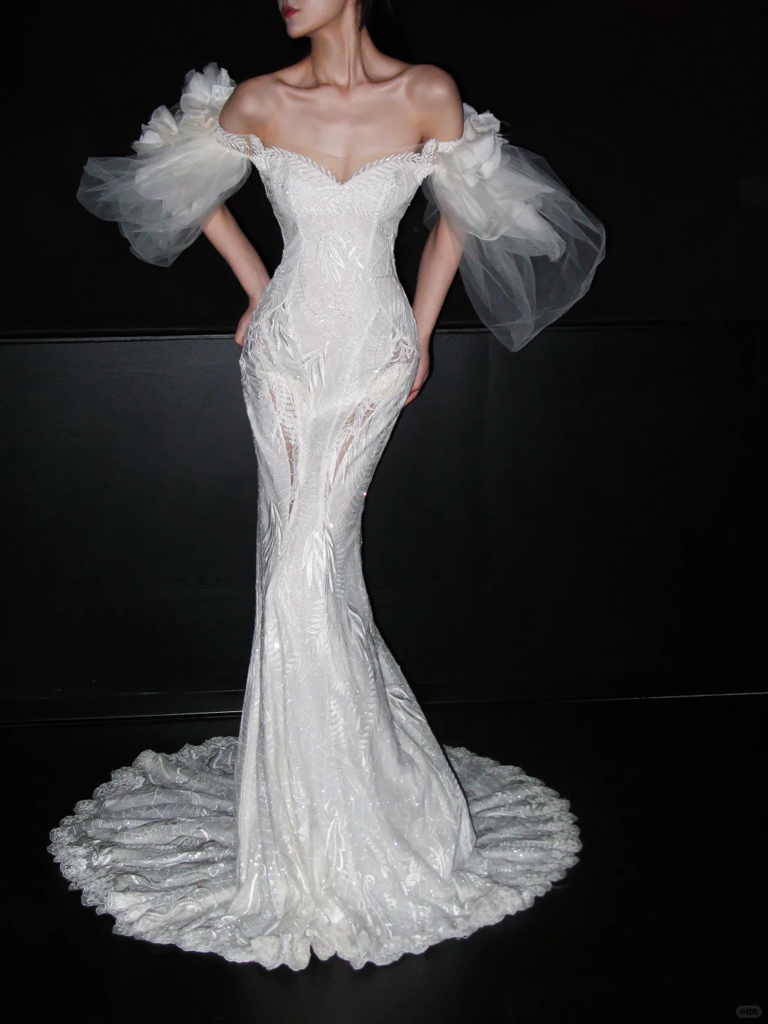 Luxurious Mermaid Off the Shoulder White Beaded Lace Tulle Long Wedding Dress DP5794
