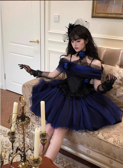 Blue Black Roses A Line Lace Tulle Lolita Goth Boning Dress Prom Dress DP4504