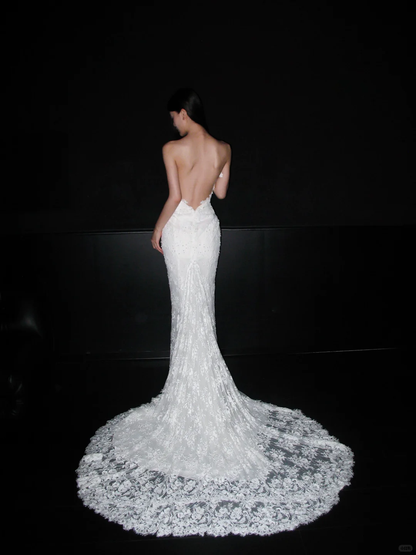 White Mermaid Sweetheart Neck Lace Long Sweep Wedding Dress DP5790