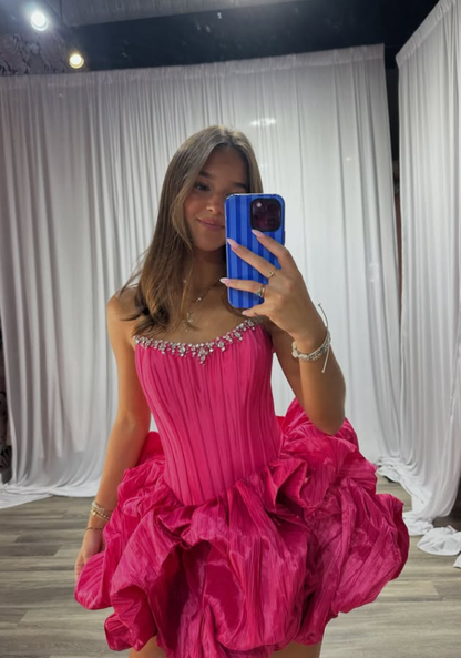 Hot Pink A Line Strapless Beaded Corset Satin Short Prom Dress Homecoming Dress DP7129