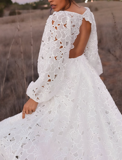 Pretty A Line Long Sleeve Square Neck White Satin Long Sweep Wedding Dress DP1633