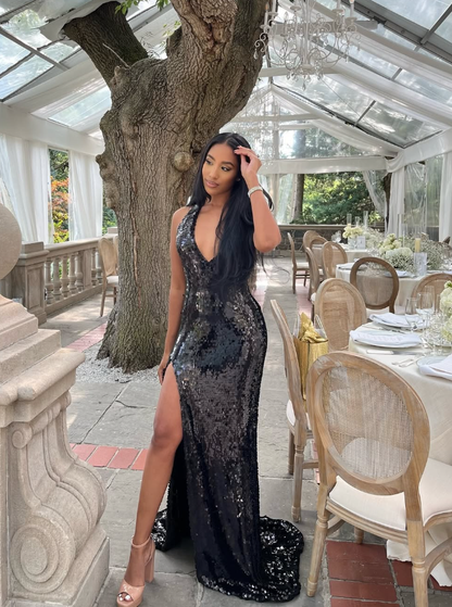 Sexy Sheath V Neck Black Sequin Long Sweep Prom Dress Graduation Prom Dress DP2116