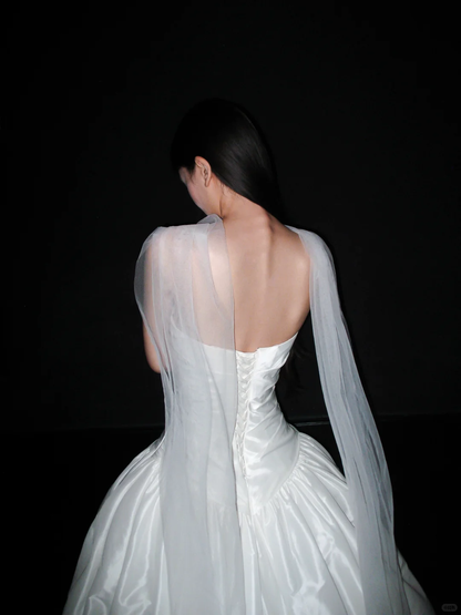 Pretty White Ball Gown Strapless Pleated Satin Long Train Wedding Dress DP8096