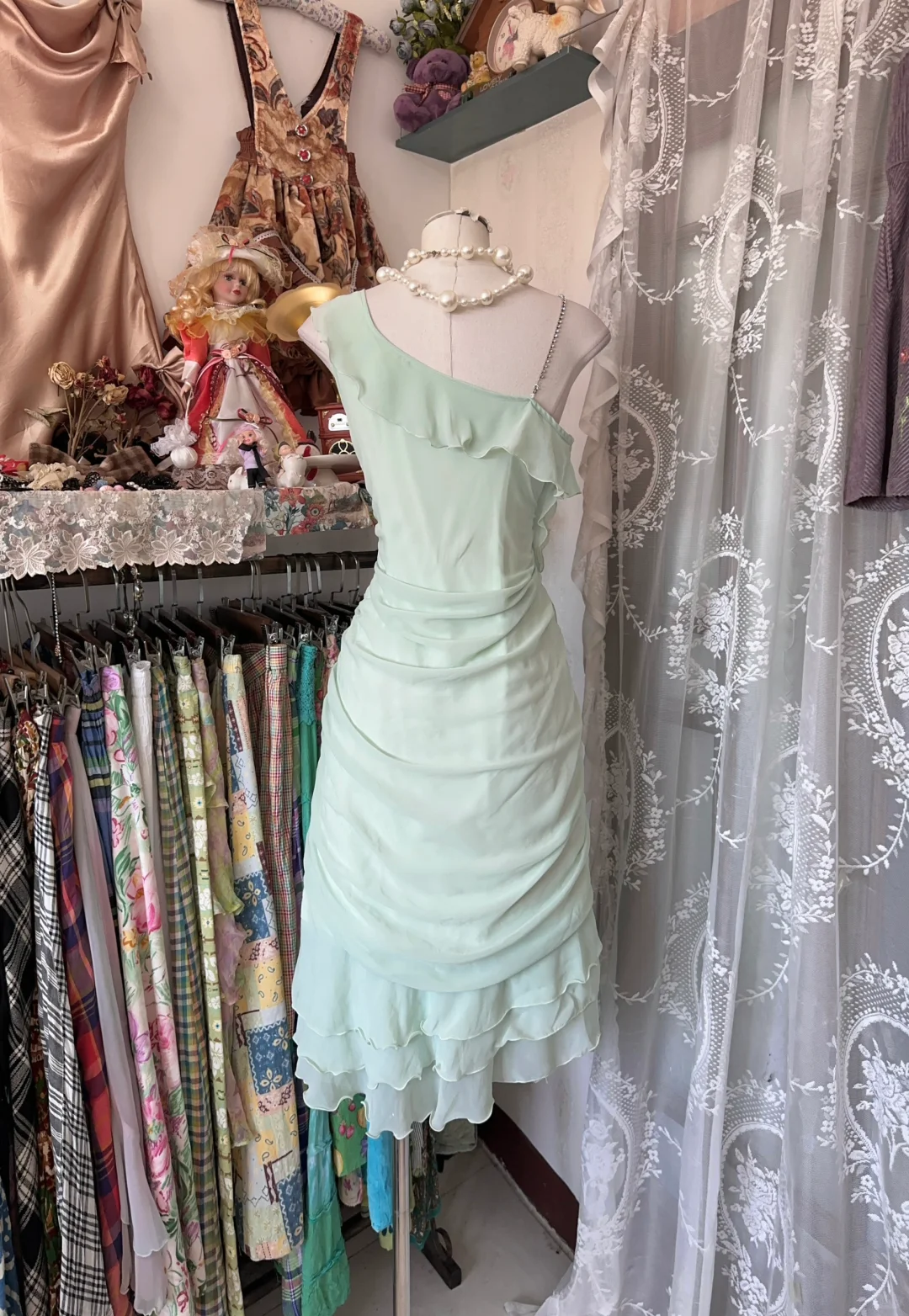 Vintage A Line One Shoulder Mint Green Ruffle Chiffon Short Homecoming Dress Outfits DP5003