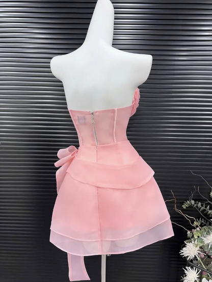 Pink A Line Sweetheart Neck Flower Layered Organza Mini Homecoming Dress Birthday Dress DP2614