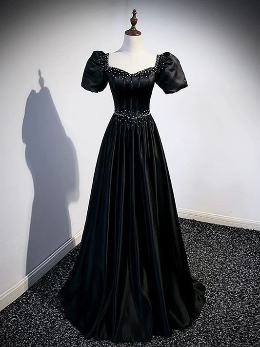 Black Satin Beaded Prom Dress A-Line Evening Dress DP258