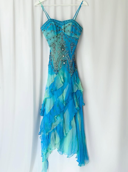 Vintage Blue Green Ombre Mermaid Ruffle Beaded Chiffon Homecoming Dress Evening Dress Date Dress DP3040