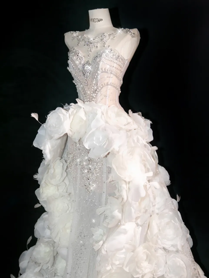 3D Flower White A Line Sweetheart Neck Rhinestone Tulle Long Prom Dress DP2754