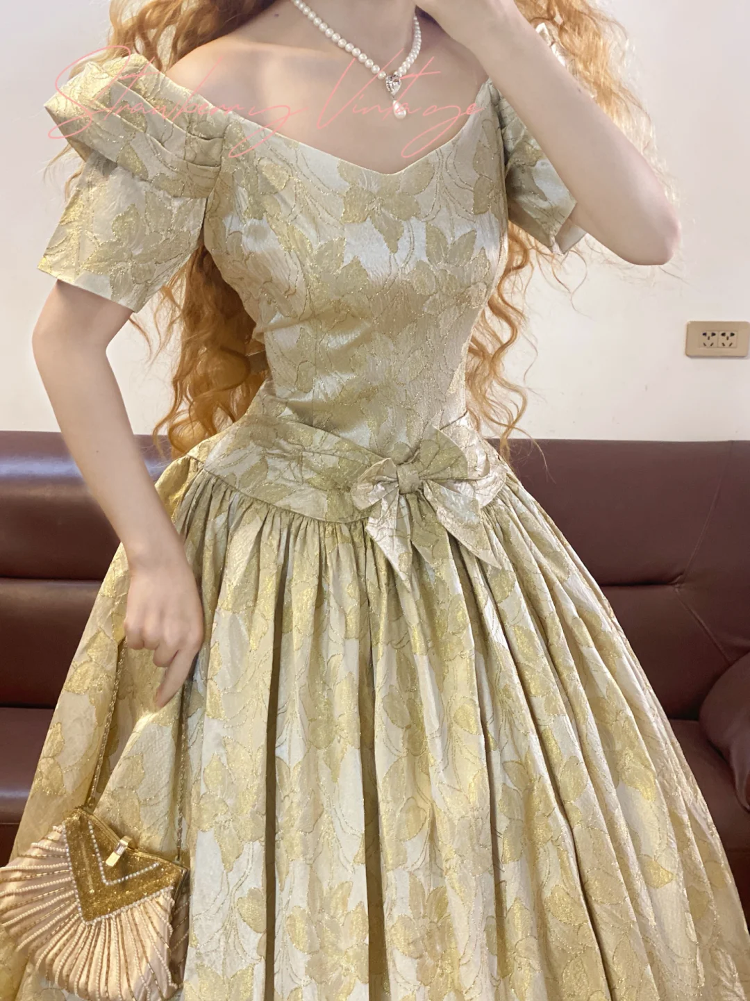 Golden Ball Gown Off the Shoulder Print Floral Satin 16th Birthday Dress Quinceanera Dress DP4100