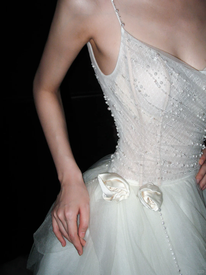 Pretty A Line Spaghetti Straps Pearl White Tulle Long Wedding Dress DP5798