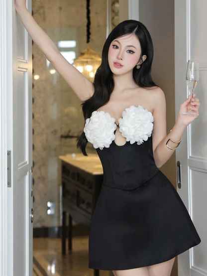 Cute Black-white A Line Strapless Satin Short Homecoming Dress Cocktail Dress DP3941