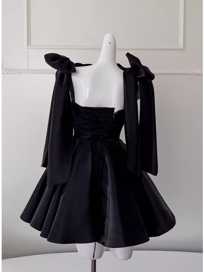 Cute A Line Straps Black Satin Birthday Outfit Homecoming Dress DP584