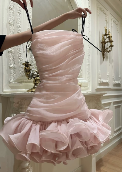 Stylish Pink A Line Spaghetti Straps Layered Tulle Short Prom Dress Homecoming Dress DP7942