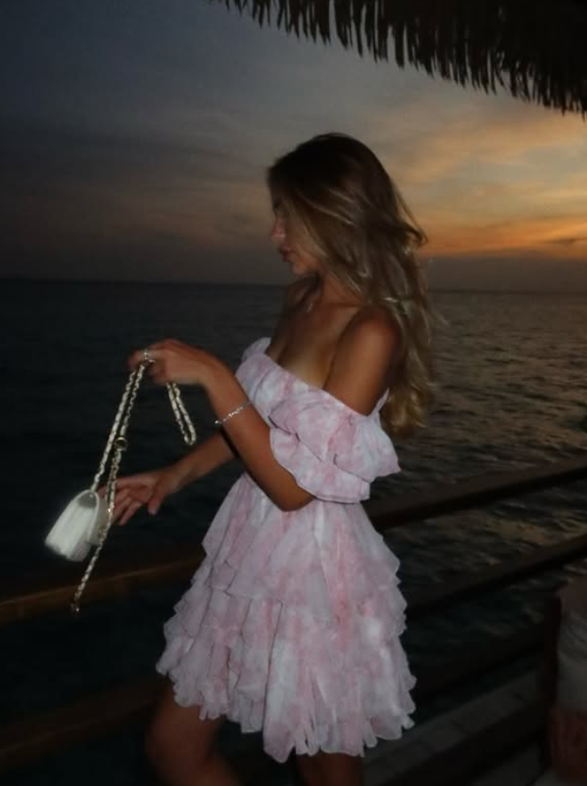 Sweety Pink A Line Off the Shoulder Print Chiffon Short Homecoming Dress Outfits DP5998