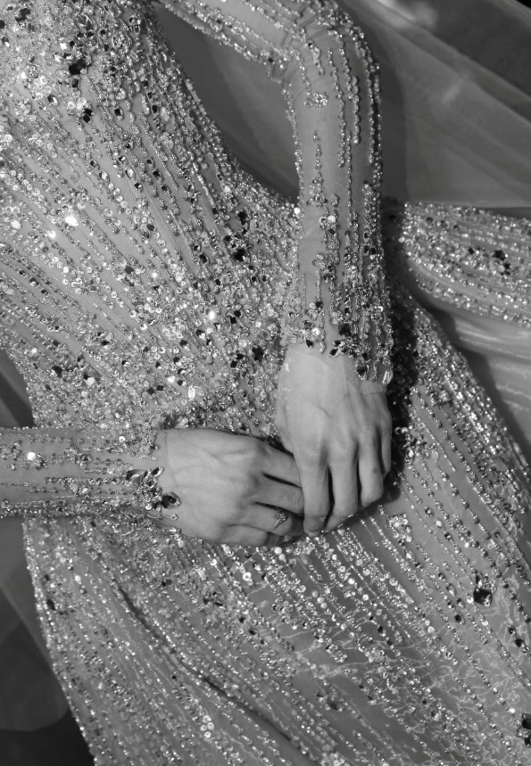 Glamorous Ball Gown Long Sleeve Sequin Apricot Organza Long Train Wedding Dress DP5822