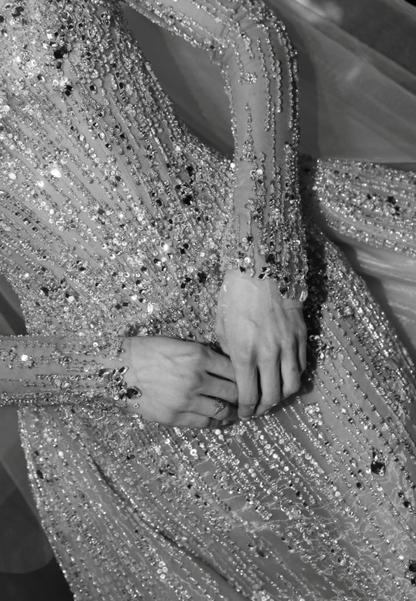 Glamorous Ball Gown Long Sleeve Sequin Apricot Organza Long Train Wedding Dress DP5822