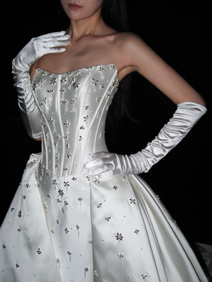 Stunning Ball Gown Strapless Shiny Beaded White Satin Long Train Wedding Dress DP8088