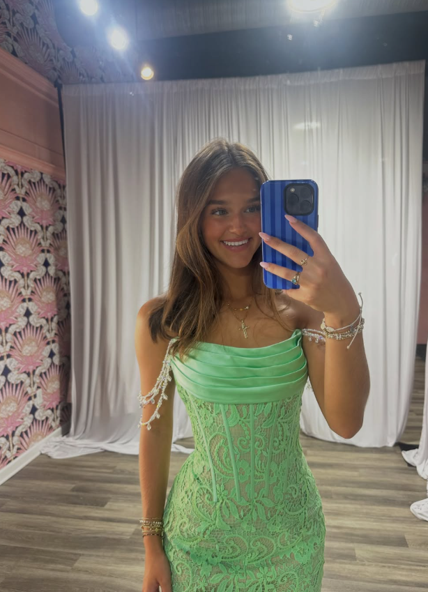 Green Sheath Beaded Straps Satin Lace Short Prom Dress Homecoming Dress DP7124