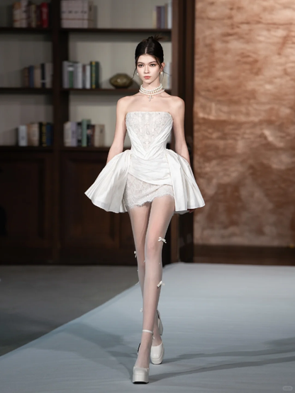 Cute A Line Strapless White Lace Satin Short Homecoming Dress Cocktail Dress DP2842