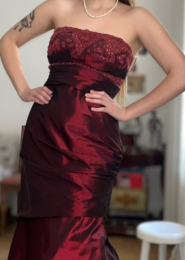 Vintage Burgundy Mermaid Strapless Beaded Satin Prom Dress Evening Dress Date Dress DP5702