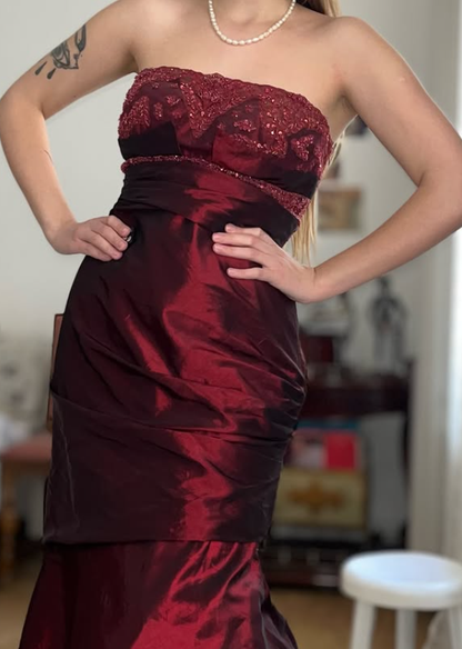 Vintage Burgundy Mermaid Strapless Beaded Satin Prom Dress Evening Dress Date Dress DP5702