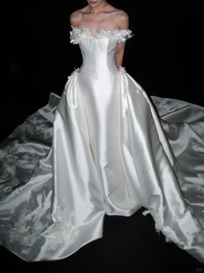 Elegant Ball Gown Off the Shoulder White Appliques Satin Long Train Wedding Dress DP8089
