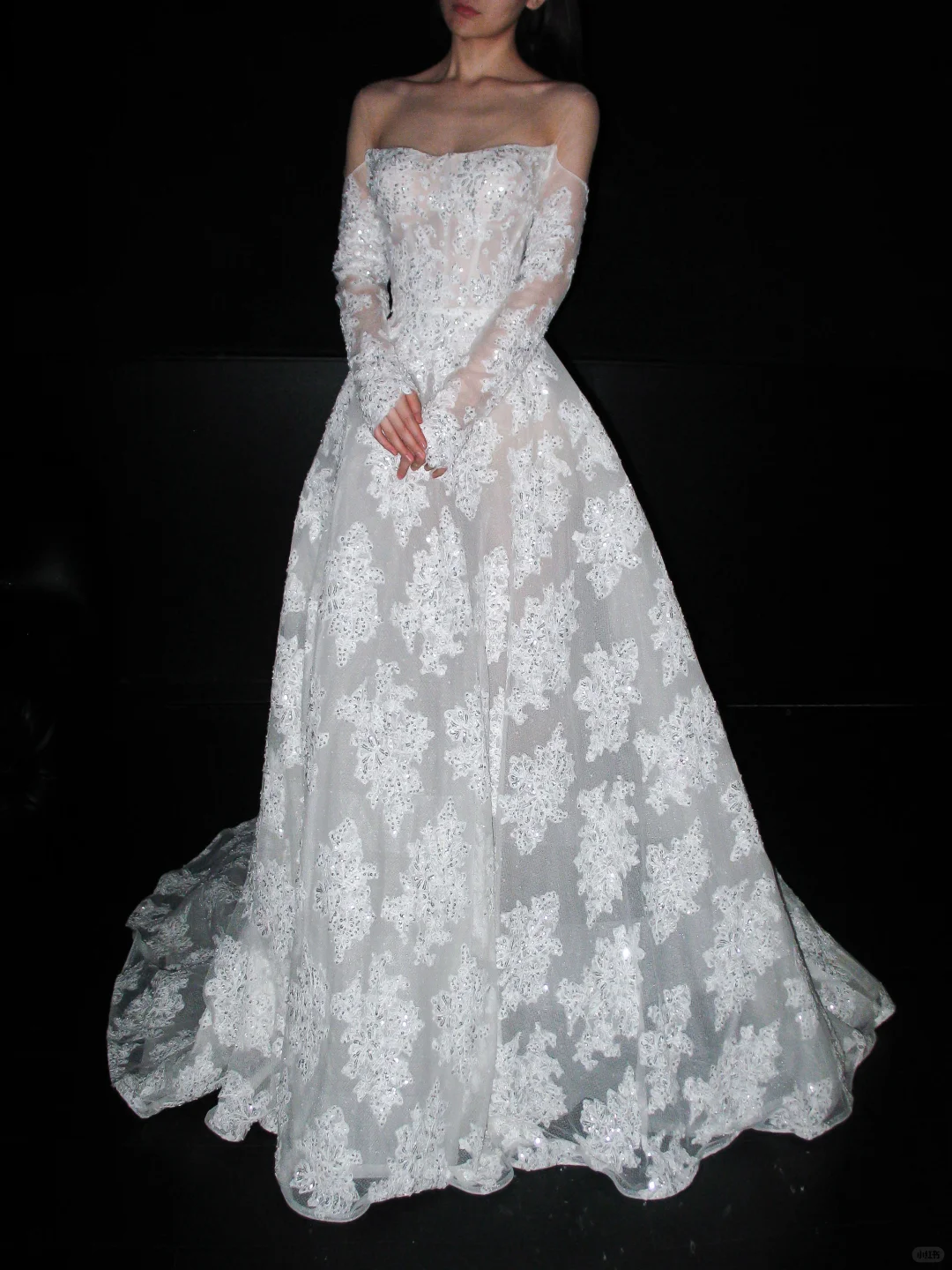 Beautiful A Line Long Sleeve Sequin Lace Long Train Wedding Dress DP6367