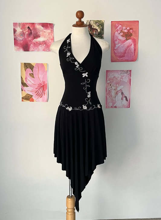 Sexy A Line V Neck Beaded Black Satin Short Homecoming Dress Outfits DP1612
