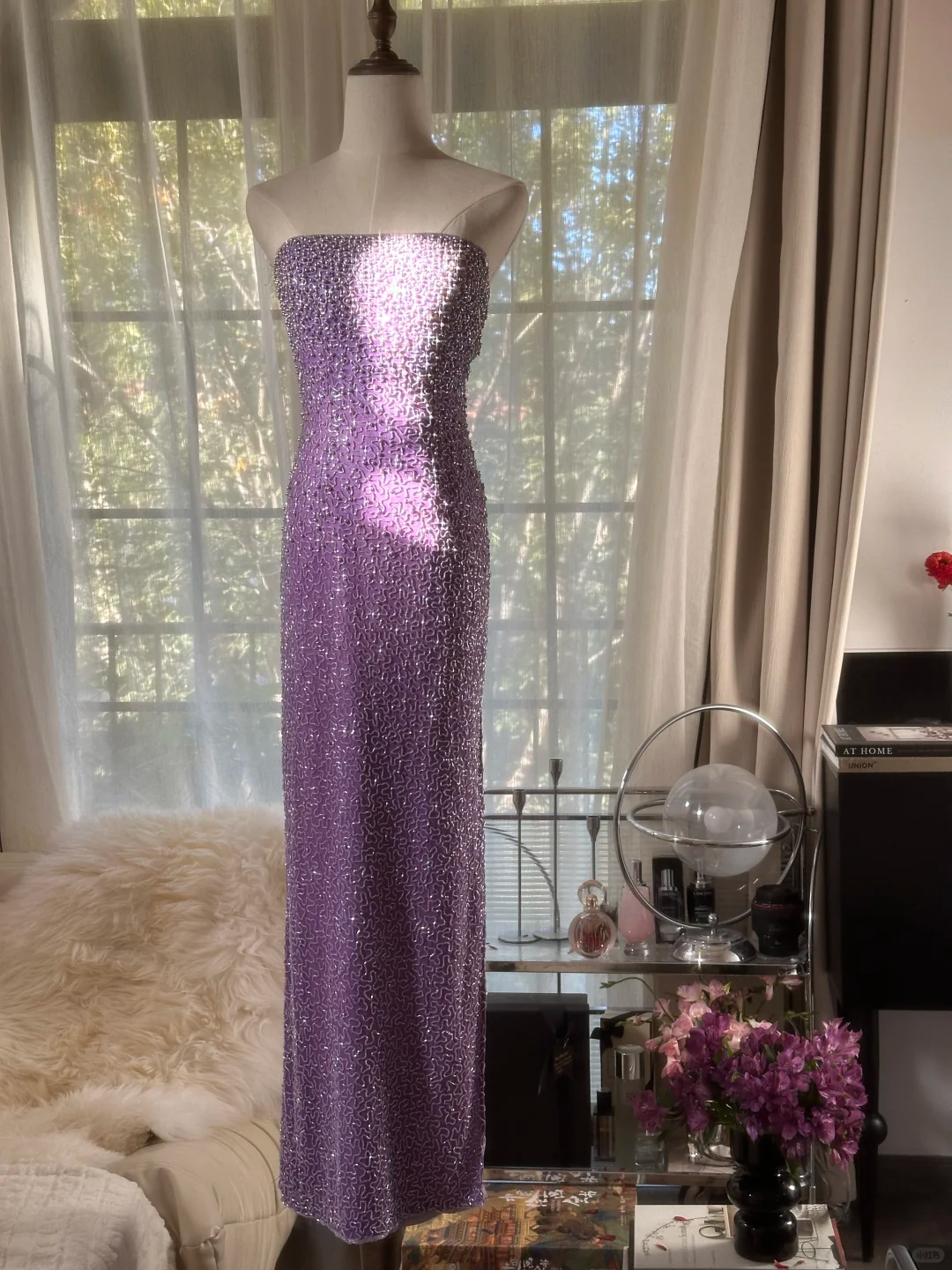 Shiny Sheath Strapless Beaded Purple Chiffon Long Party Dress Evening Dress DP2473
