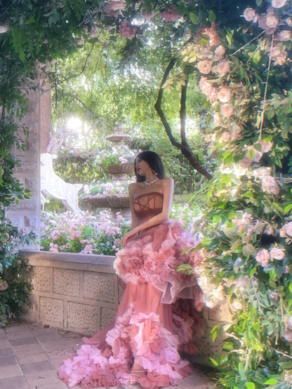 Pink Exquisite Mermaid Strapless Layered Tulle Long Sweep Prom Dress Evening Dress DP3135