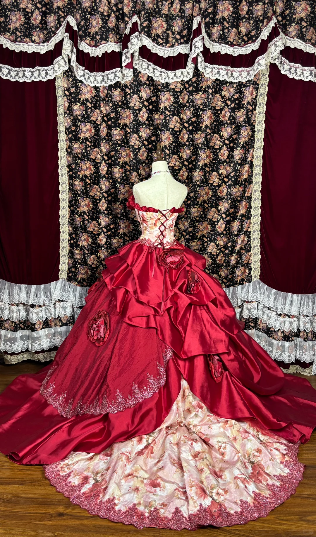 Vintage Red Print Floral Ball Gown Strapless Satin Prom Dress Sweet 16 Dress DP5654