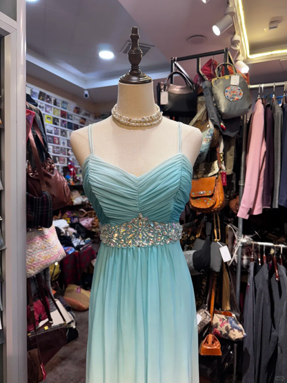 Vintage A Line Spaghetti Strap Rhinestone Blue Ombre Chiffon Prom Dress Party Dress DP3710