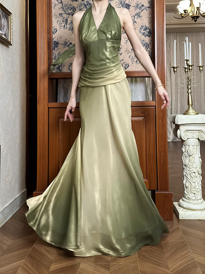 Vintage Green Ombre Mermaid Halter Chiffon Open Back Prom Dress DP4824