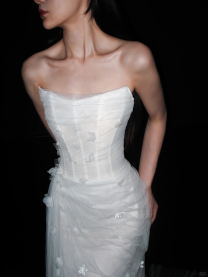 Charming Sheath Strapless 3D Floral White Tulle Long Wedding Dress DP5797