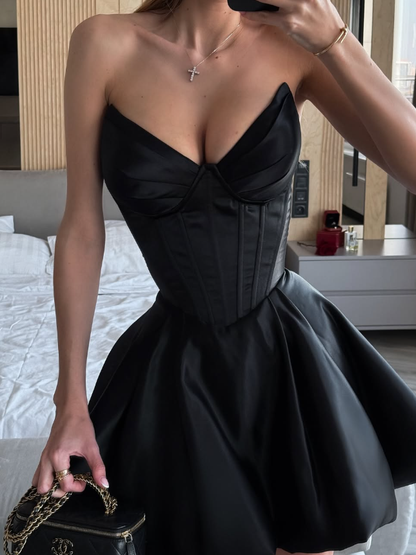 Simple Black A Line Sweetheart Neck Corset Satin Short Party Dress Homecoming Dress DP3016