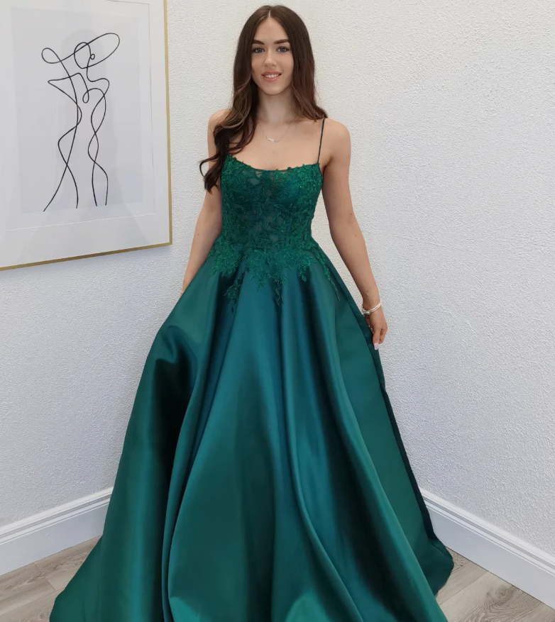 Elegant Emerald A Line Spagehtti Strap Lace Satin Prom Dress Evening Dress DP6584