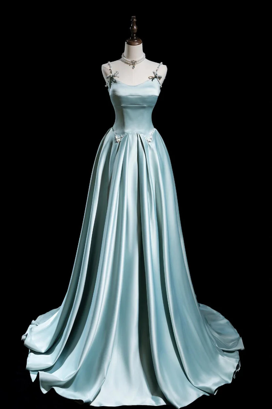 Lovely Pearls Beade Long Prom Dress Satin Spaghetti Strap Evening Party Dress DP486