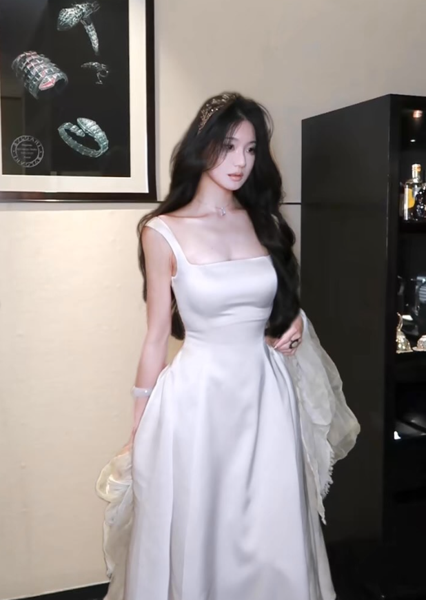 Simple White A Line Strap Satin Prom Dress Evening Dress DP5425