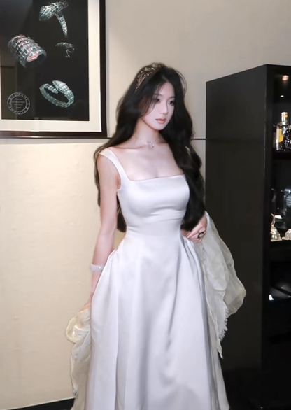 Simple White A Line Strap Satin Prom Dress Evening Dress DP5425
