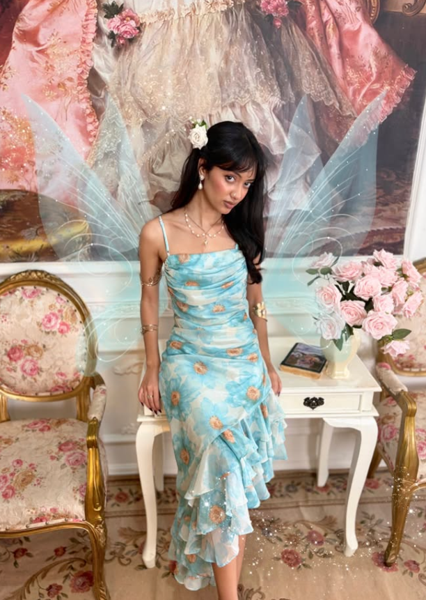 Cute Blue Print Floral Sheath Straps Ruffle Chiffon Prom Dress Evening Dress DP5129