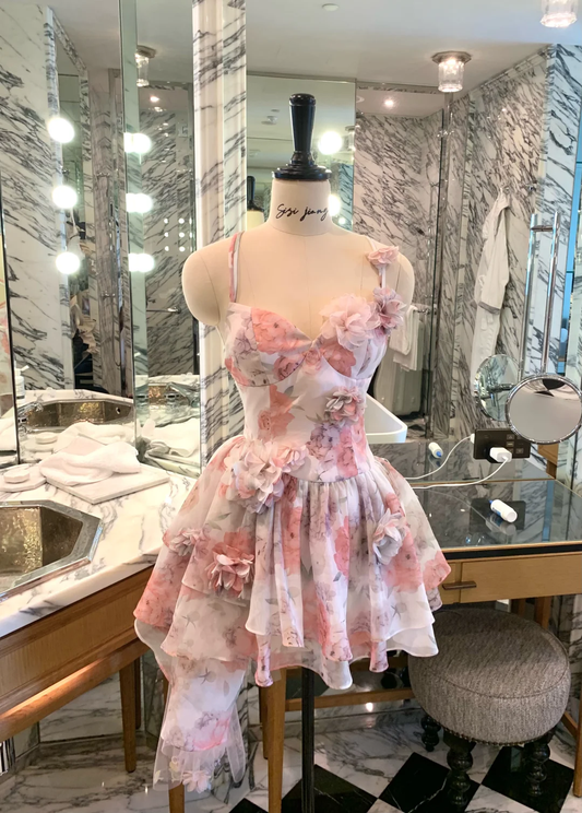 Princess A Line Straps Print Pink Floral Chiffon Short Prom Dress Homecoming Dress DP5465