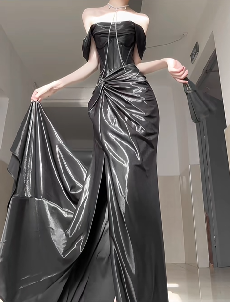 Elegant Black Mermaid Off the Shoulder Satin Slit Prom Dress Graduation Ball Gown DP4562